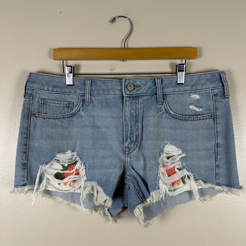 Express Women's 12 Shortie Denim Shorts Light Wash Distressed Floral Embroidered